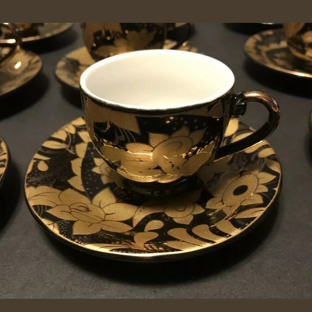 Queen Black & Gold Set Of 12 Espresso Cup&Saucers